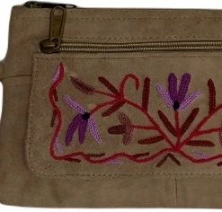 Aanbiedingen 👍 Hete verkoop 🔔 Merkloos Dames Polstas Suède Leer - Bruine Damestas Met Handgeborduurd Bloemenpatroon In Paars - Riemtasje 🤩 ⌛