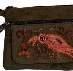 Kopen 👍 Goedkoopste 🥰 Merkloos Dames Polstas Suède Leer - Bruine Damestas Met Handgeborduurd Bloemenpatroon In Oranje - Riemtasje 🔔 👏