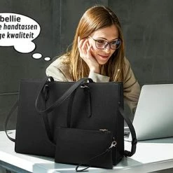 Goedkoop 🛒 Beste deal 😀 Lubellie® Dorina Elegante Tweedelige Dames Handtas Schoudertas Set Met Een Oplaadbare USB-Poort En Een Laptopvak Voor 15,6 Inch Laptops - Laptoptas Voor Dames - Dames Laptoptas - Handtas - Schoudertas - Dames Tassen - Laptoptas - Clucht - Zwart ✔️ ❤️ -Tassen-dames Winkel 550x340