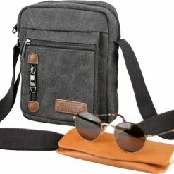 Beste deal 🛒 Gloednieuw 🌟 Yakfield – Schoudertas - Crossbody Tas- Klein Model - Kado - Heren – Dames - Zwart - Vintage Canvas Katoen - Nektasje Voor Telefoon - 4 Afsluitbare Vakken - 24x18x5 Cm 🔥 👍 -Tassen-dames Winkel 550x423 2