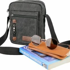 Beste deal 🛒 Gloednieuw 🌟 Yakfield – Schoudertas - Crossbody Tas- Klein Model - Kado - Heren – Dames - Zwart - Vintage Canvas Katoen - Nektasje Voor Telefoon - 4 Afsluitbare Vakken - 24x18x5 Cm 🔥 👍 -Tassen-dames Winkel 550x474