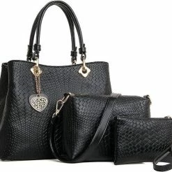 Aanbiedingen 🥰 Uitgang ⌛ Lana® Dames Handtassen Set Met Schoudertas, Handtas + Clutch In PU Leer - Zwart ❤️ 🔥