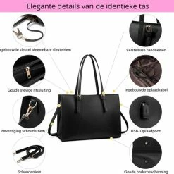 Goedkoop 🛒 Beste deal 😀 Lubellie® Dorina Elegante Tweedelige Dames Handtas Schoudertas Set Met Een Oplaadbare USB-Poort En Een Laptopvak Voor 15,6 Inch Laptops - Laptoptas Voor Dames - Dames Laptoptas - Handtas - Schoudertas - Dames Tassen - Laptoptas - Clucht - Zwart ✔️ ❤️ -Tassen-dames Winkel 550x526
