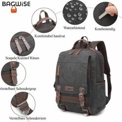 Korting ⌛ Groothandel 💯 Bagwise® - Rugzak - Rugtas - Schooltas - Canvas -25 L - Vintage - 15" Inch Laptopvak -1270 Zwart ⭐ 🤩 -Tassen-dames Winkel 550x544 6