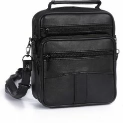 Uitgang 🔥 Kopen ⌛ THL Design - Kleine Leren Schoudertas Heren / Dames - Mannen Tasje - Crossbodytas - Echt Leer Zwart 🤩 👍