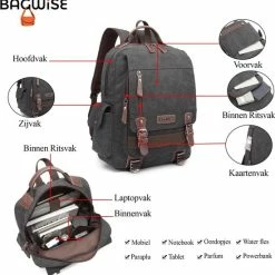 Korting ⌛ Groothandel 💯 Bagwise® - Rugzak - Rugtas - Schooltas - Canvas -25 L - Vintage - 15" Inch Laptopvak -1270 Zwart ⭐ 🤩 -Tassen-dames Winkel 550x557 30