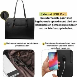 Goedkoop 🛒 Beste deal 😀 Lubellie® Dorina Elegante Tweedelige Dames Handtas Schoudertas Set Met Een Oplaadbare USB-Poort En Een Laptopvak Voor 15,6 Inch Laptops - Laptoptas Voor Dames - Dames Laptoptas - Handtas - Schoudertas - Dames Tassen - Laptoptas - Clucht - Zwart ✔️ ❤️ -Tassen-dames Winkel 550x566